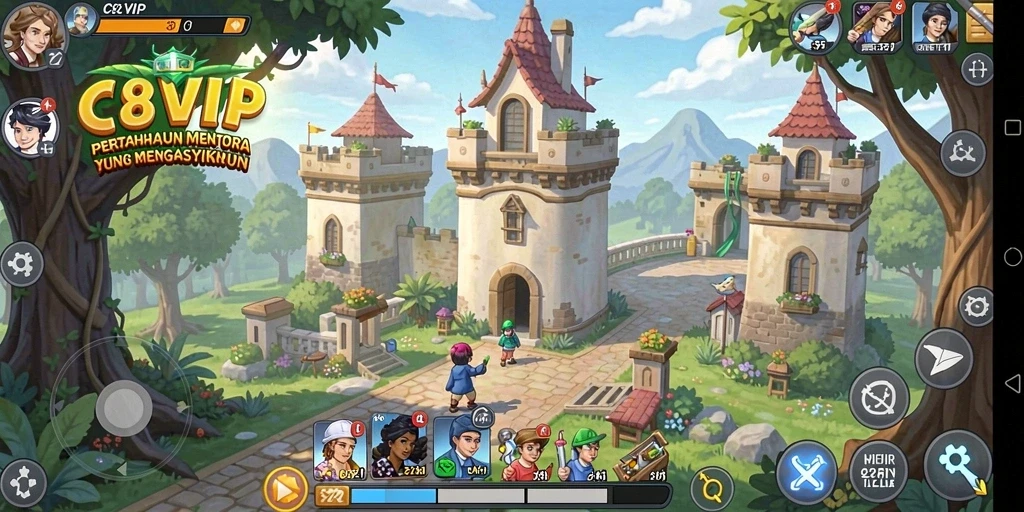 Tampilan gameplay menara yang dinamis dan penuh aksi di C8VIP.