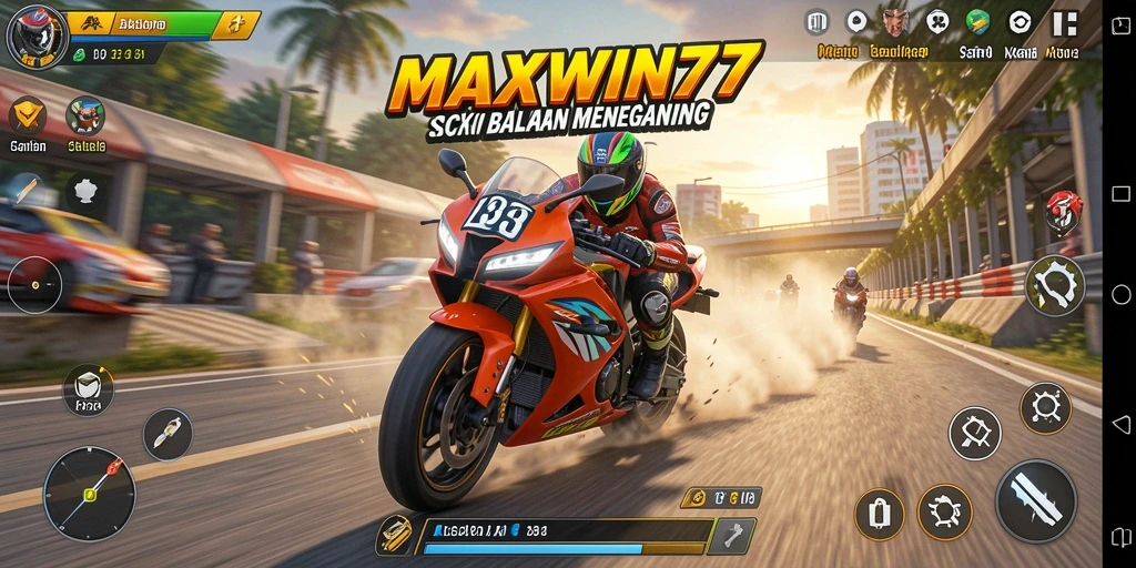 Screenshot gameplay MAXWIN77 menampilkan aksi balapan motor yang mendebarkan.
