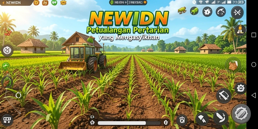 Screenshot gameplay NEWIDN menampilkan kebun yang subur dan hewan peliharaan.
